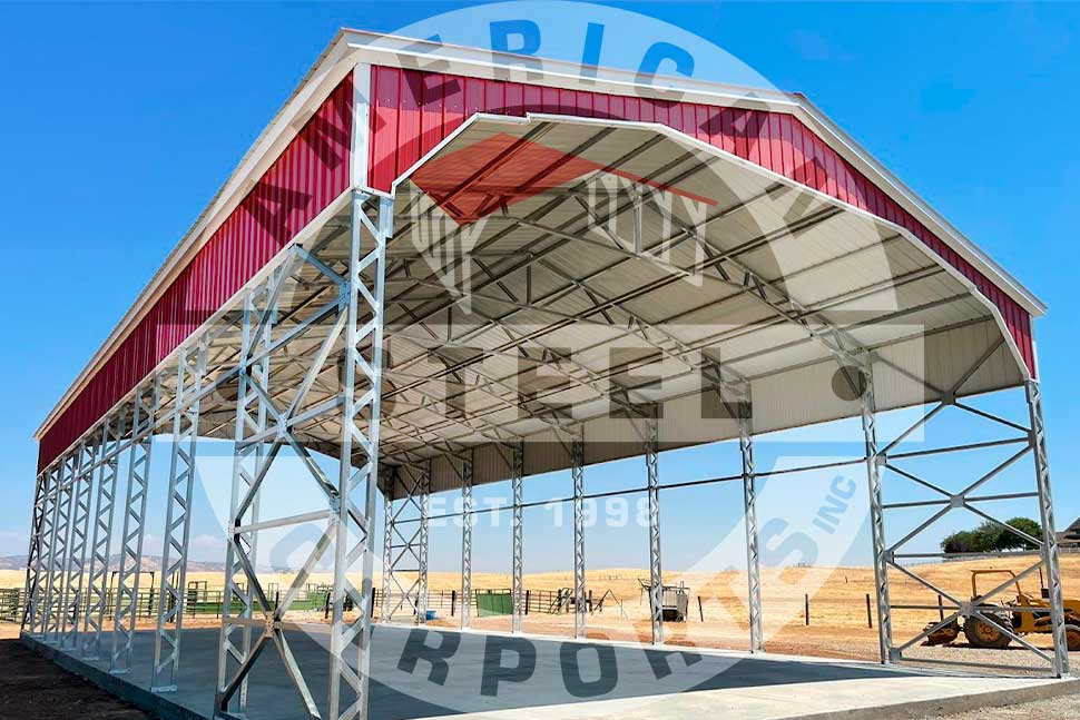Steel structure with a red roof and a sign reading "Steel Structure," showcasing a basic, budget-friendly design.