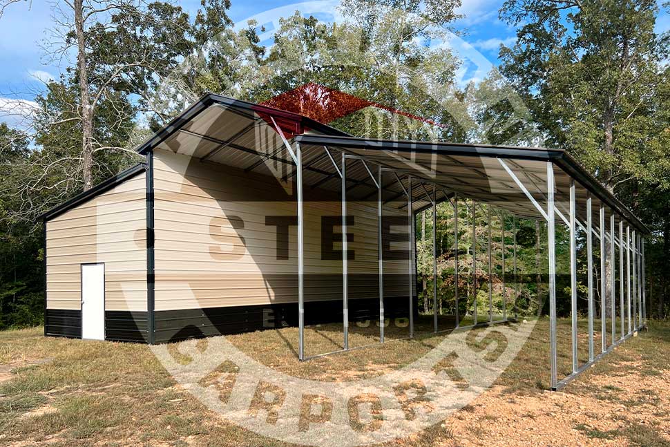 A metal carport topped with a red roof, highlighted in a guide on fall maintenance for Oklahoma steel barns.