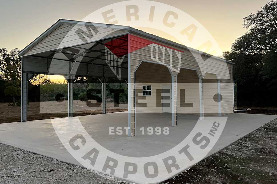 A metal garage displaying "American Carports," highlighting summer carport upgrades for Georgia's warm climate.