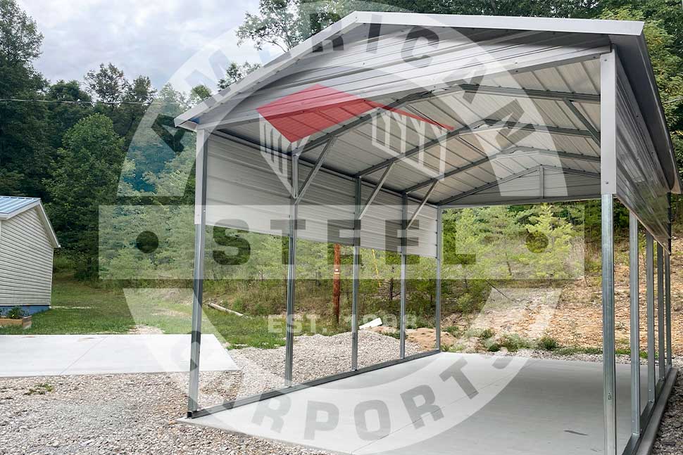 Steel carport with a red roof, featured in an article about summer upgrades for Georgia homes.