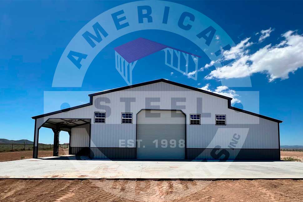 A large metal building featuring the American Steel logo, highlighting its use in Midwest farmers' equipment shelters.