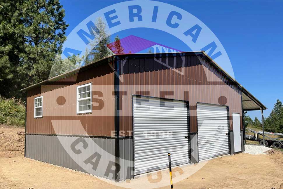 Brown metal garage with "American Steel" signage, showcasing popular steel building colors for southern residences.