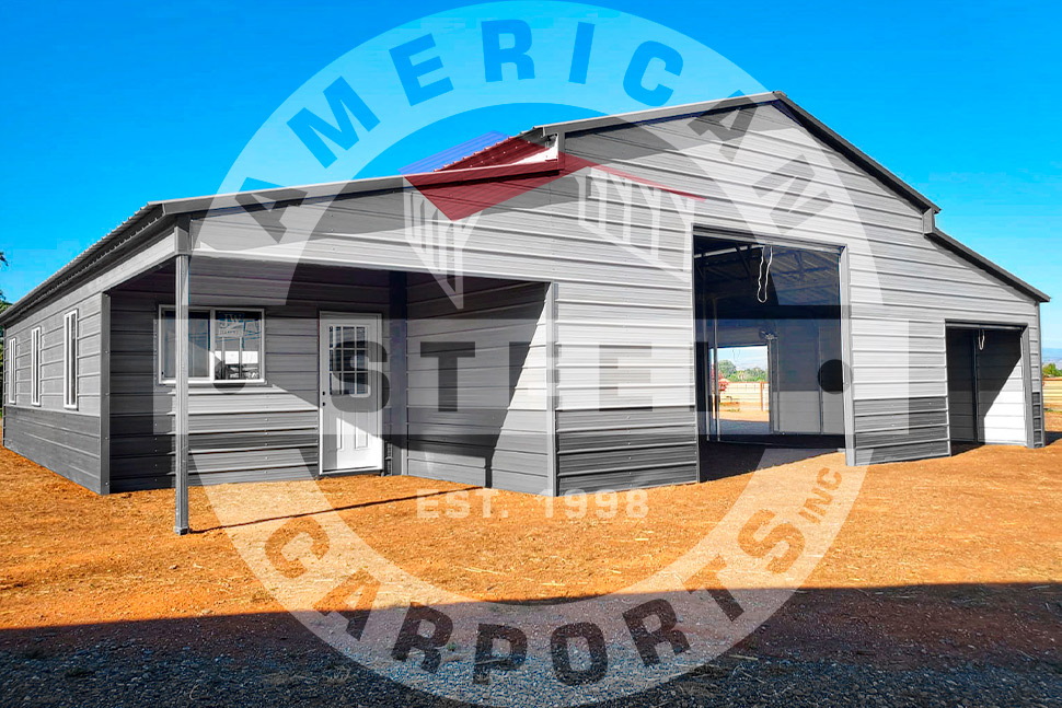 A gray metal structure with "American Steel Carports" signage, emphasizing winterization for Texas steel barns.