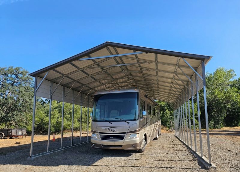 Steel RV carport sheltering a motorhome